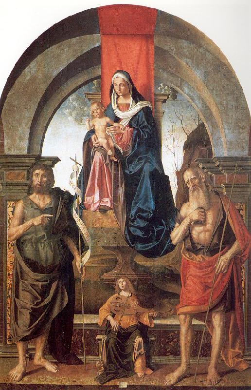 Palmezzano, Marco Virgin and Child Enthroned between Saints John the Baptist and Jerome Spain oil painting art